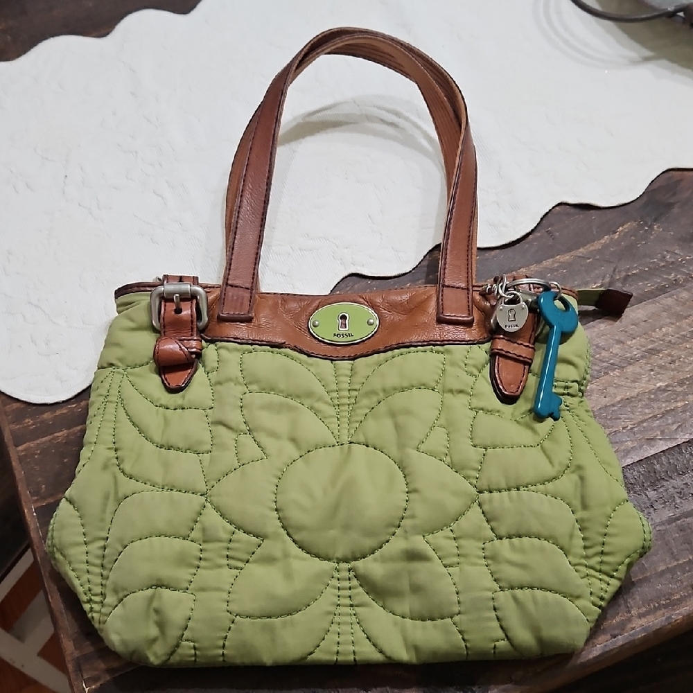 Fossil Olive Green Quilted Tote with Brown Leather Trim